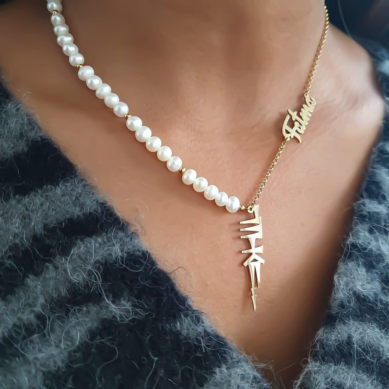 Gold Cuneiform Two Names Design with Natural Pearl Necklace