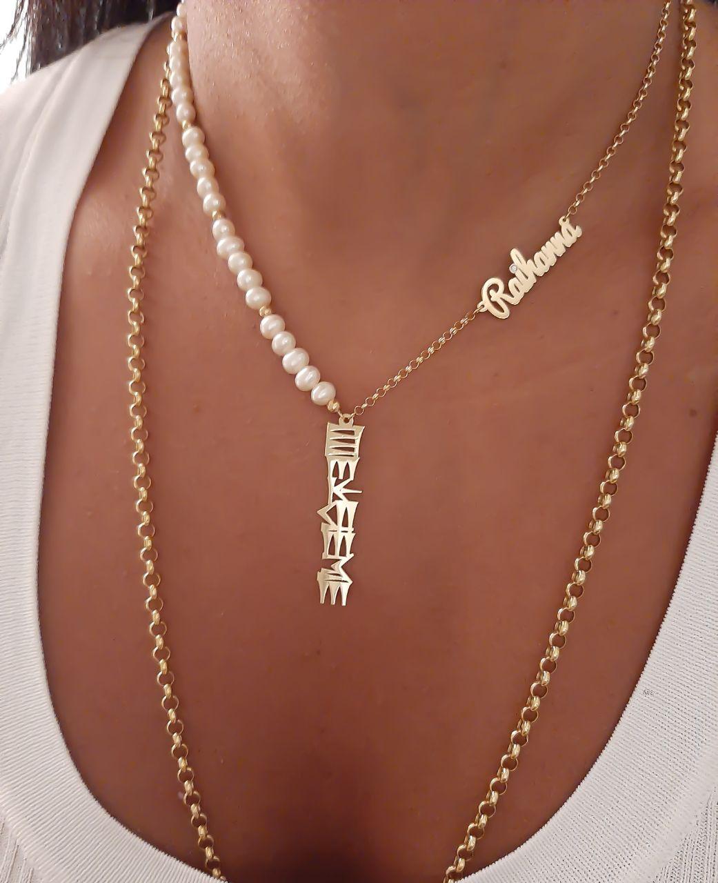 Gold Cuneiform Two Names Design with Natural Pearl Necklace