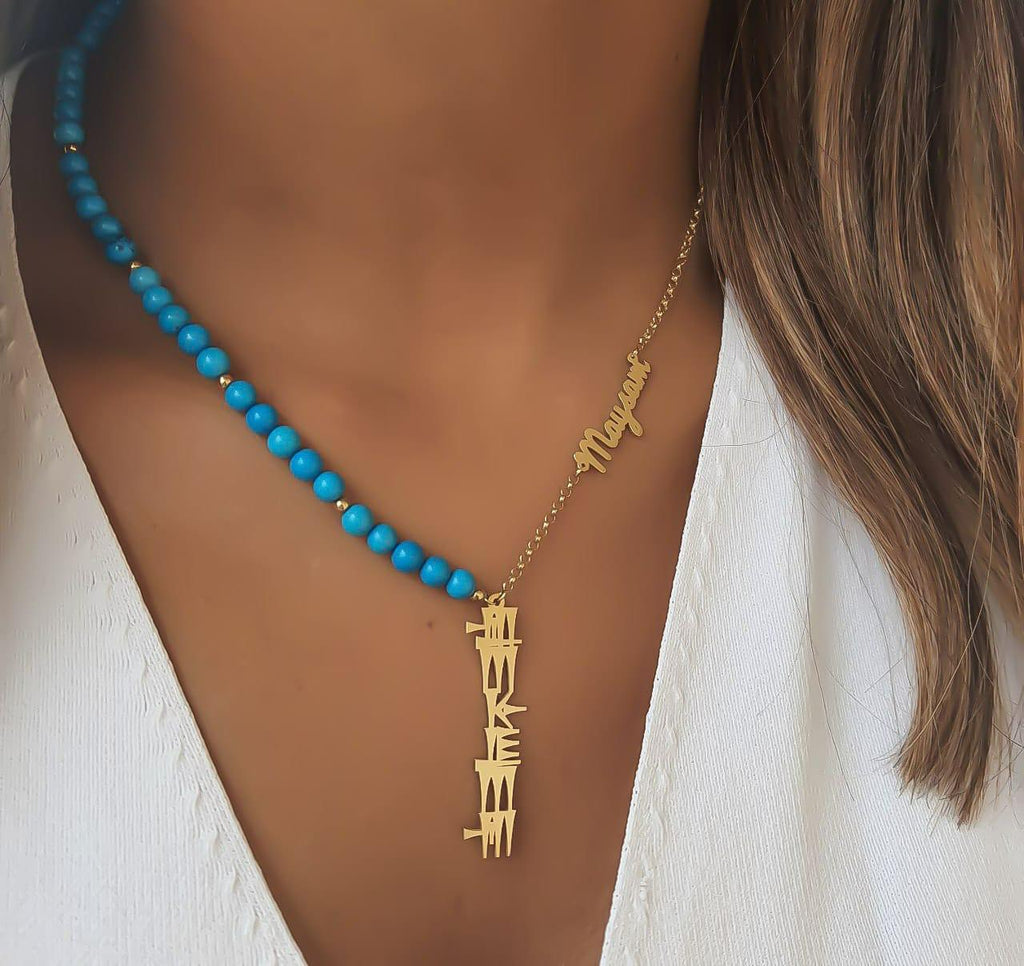 Gold Cuneiform Two Names Design with Turquoise Stone Necklace
