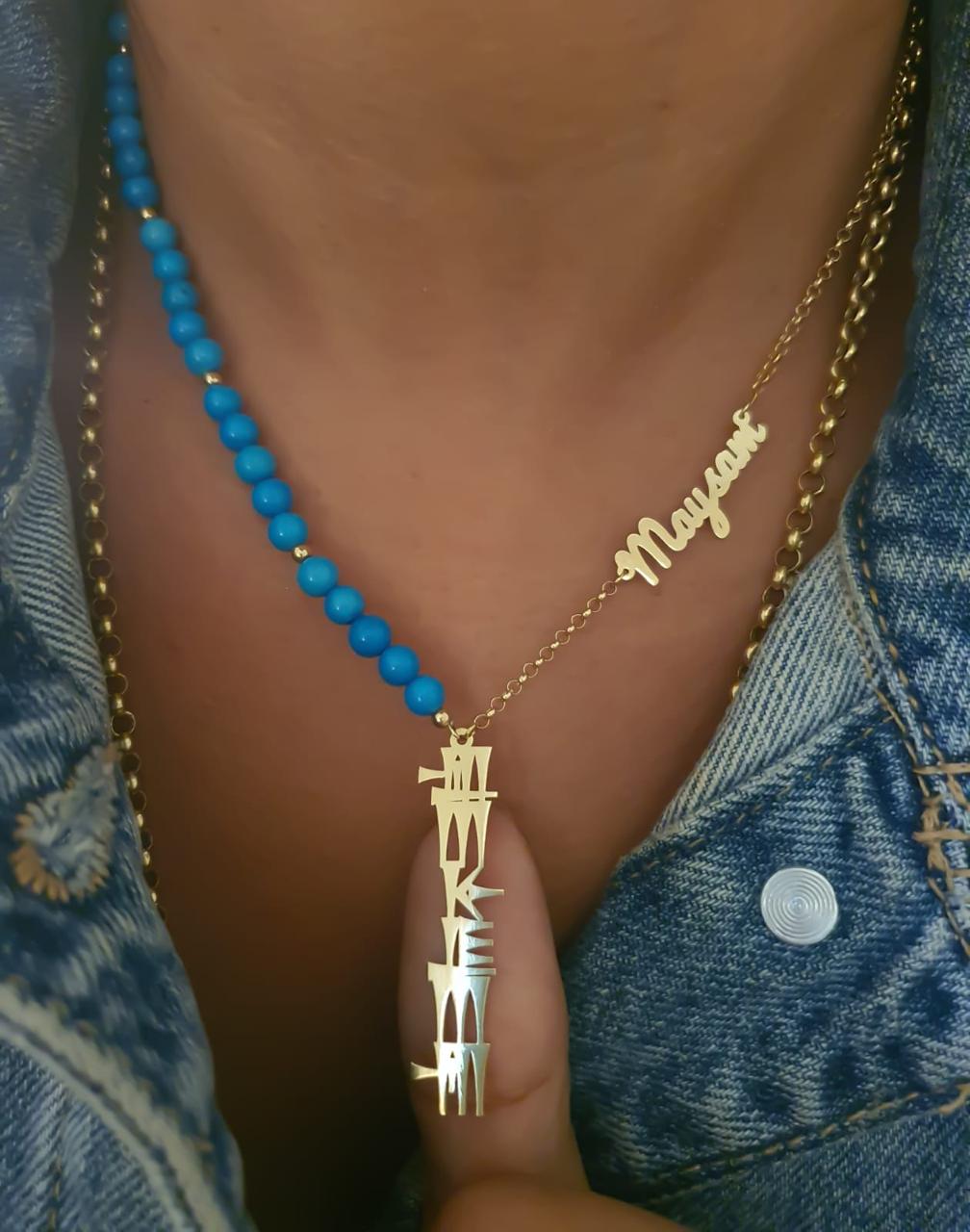 Gold Cuneiform Two Names Design with Turquoise Stone Necklace