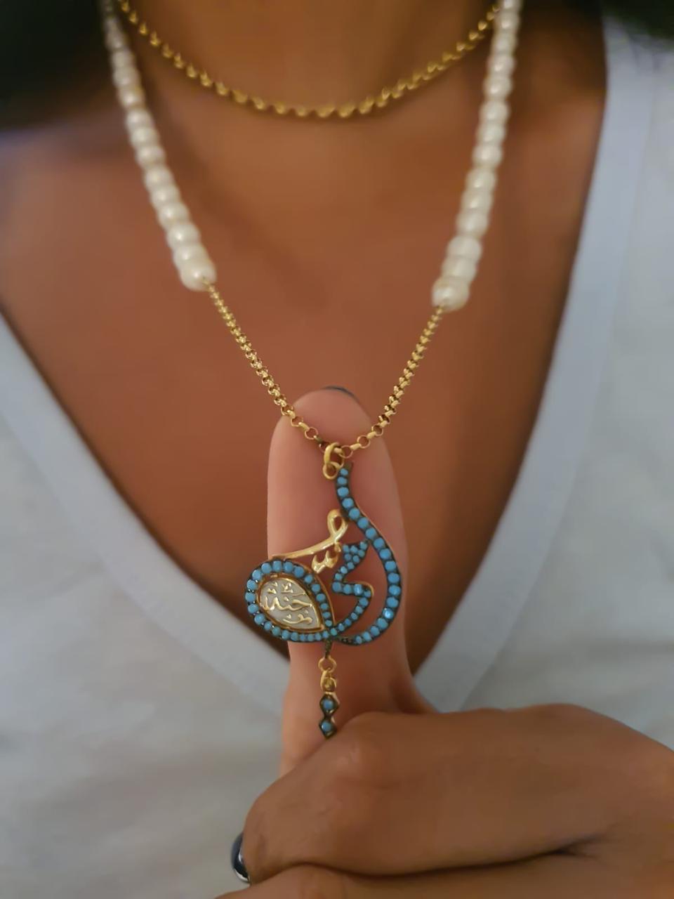 Gold (أمي) Design with Turquoise Stone and Natural Pearl Necklace