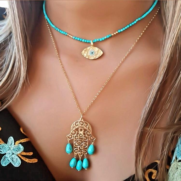 Gold Kaf Fatima Design With Turquoise Stone Necklace