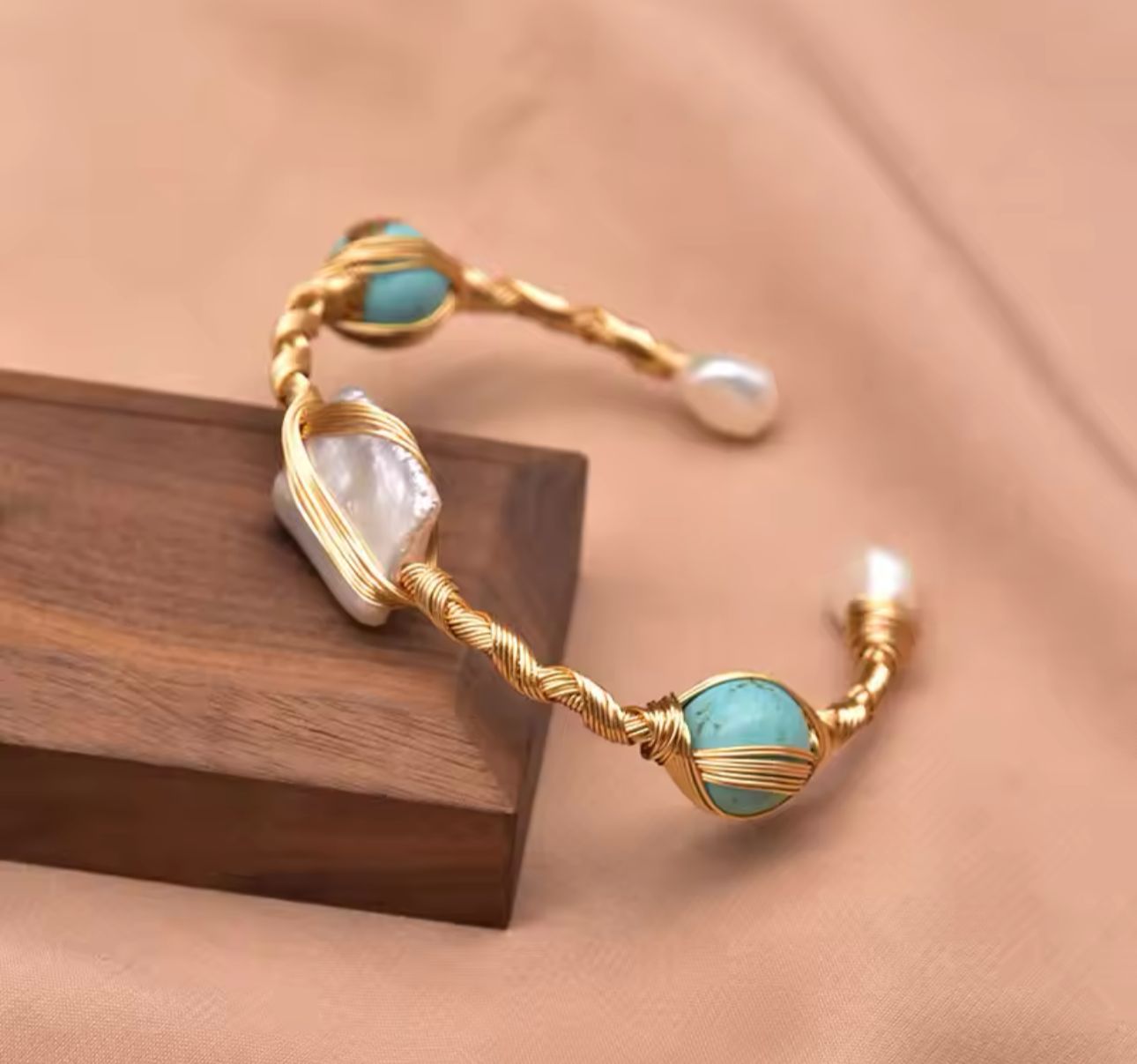 Natural Pearl With Turquoise Stone Gold Plated Bracelet