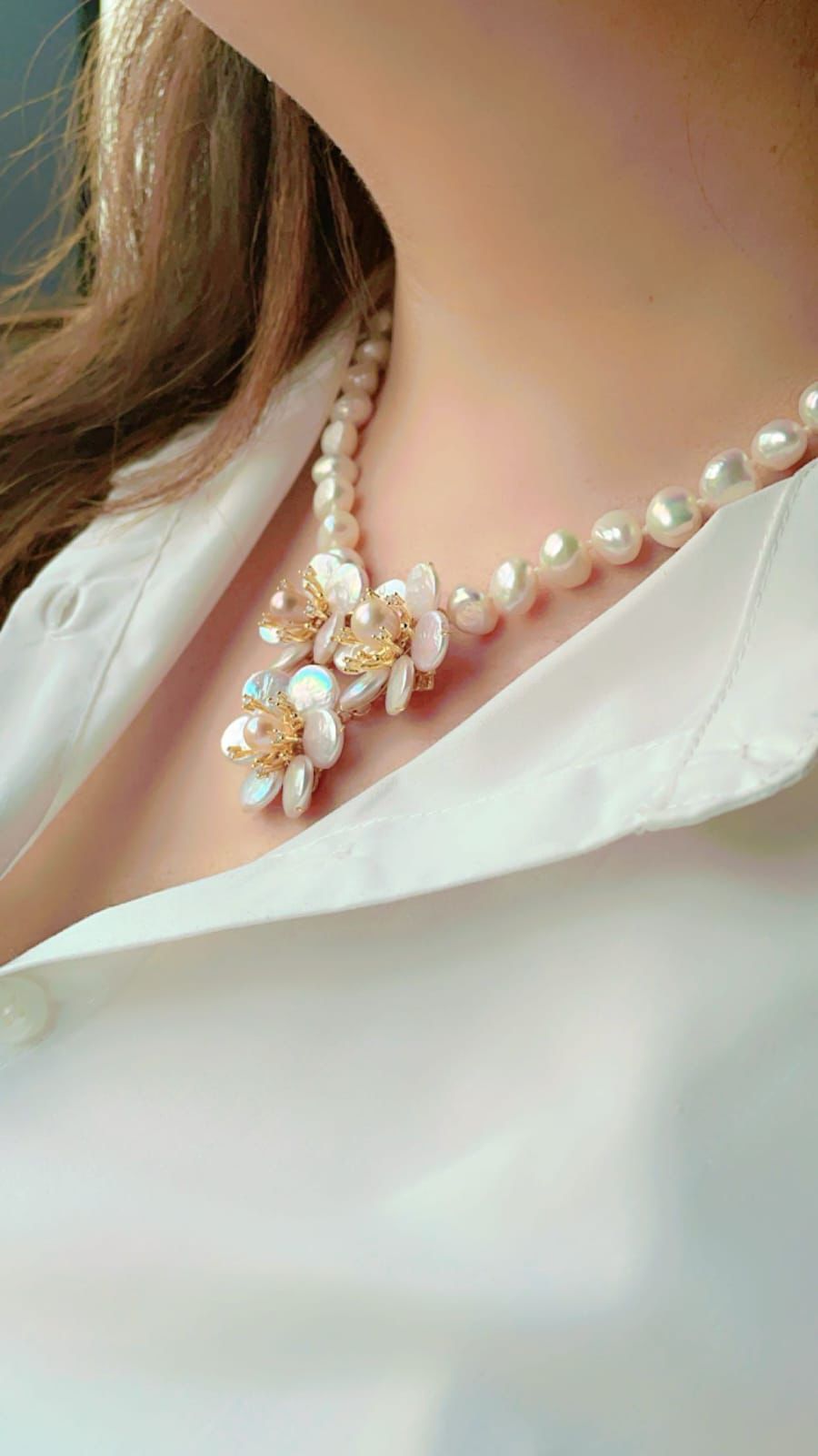 Natural Pearl With Flowers Design Necklace
