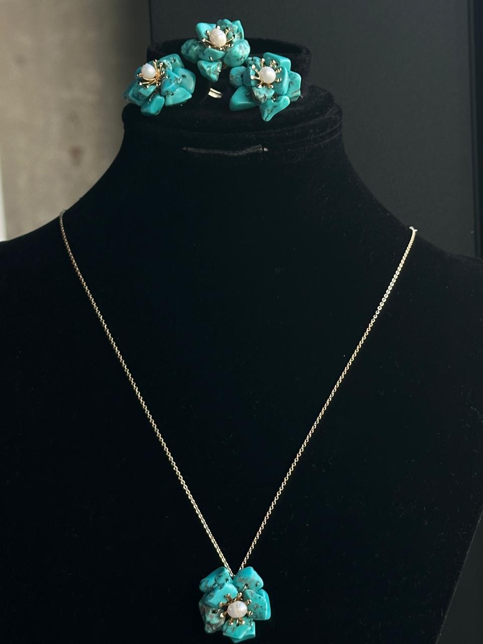Turquoise Stone with Natural Pearls, Silver Gold Plated Set