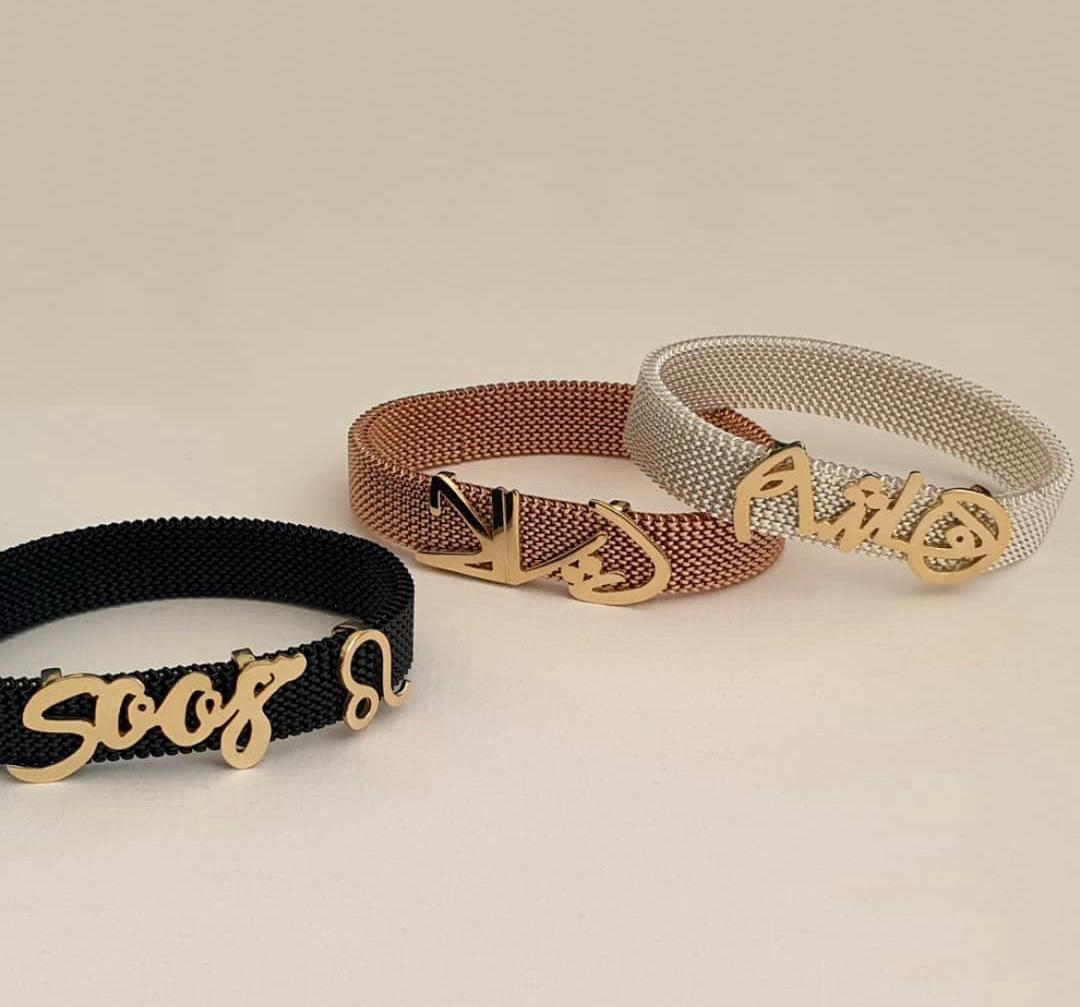 Gold Free Style Name Design With Italian Steel Bracelet