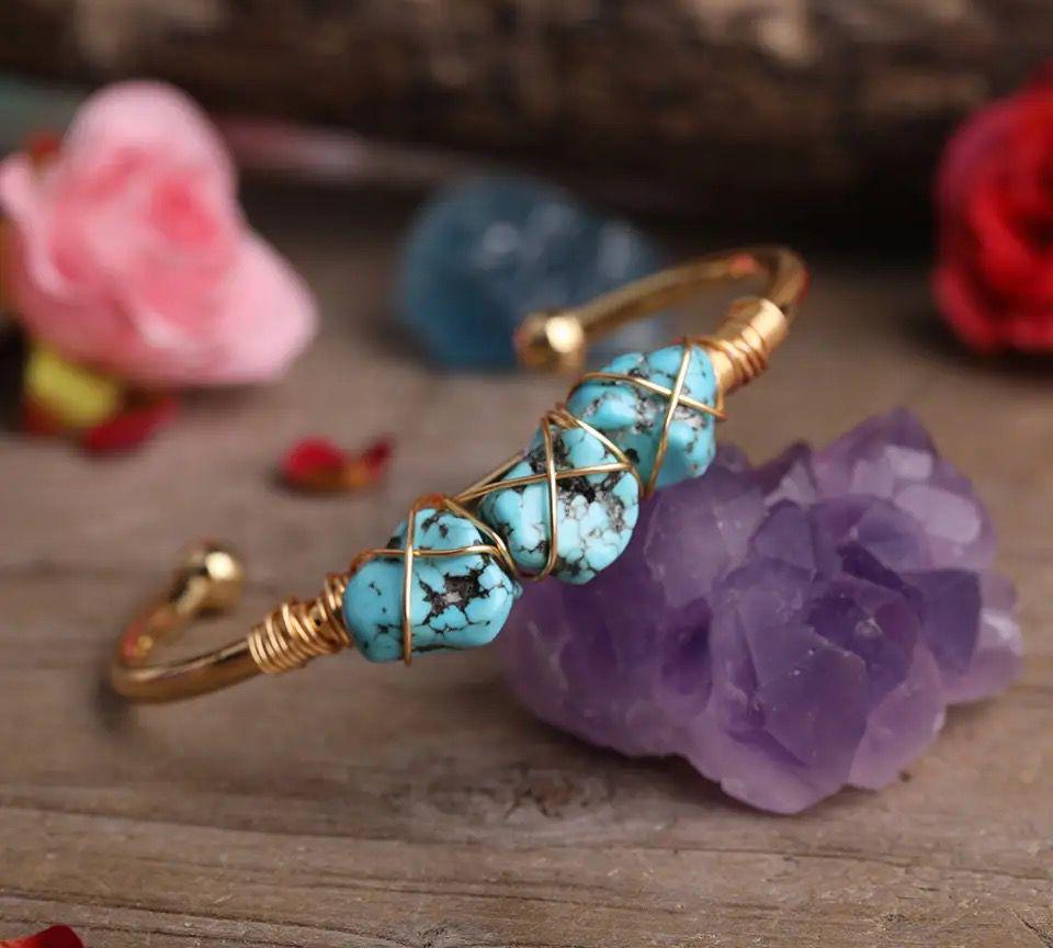 Natural Turquoise Stone Wire Wrapped Gold Plated Design Bracelet