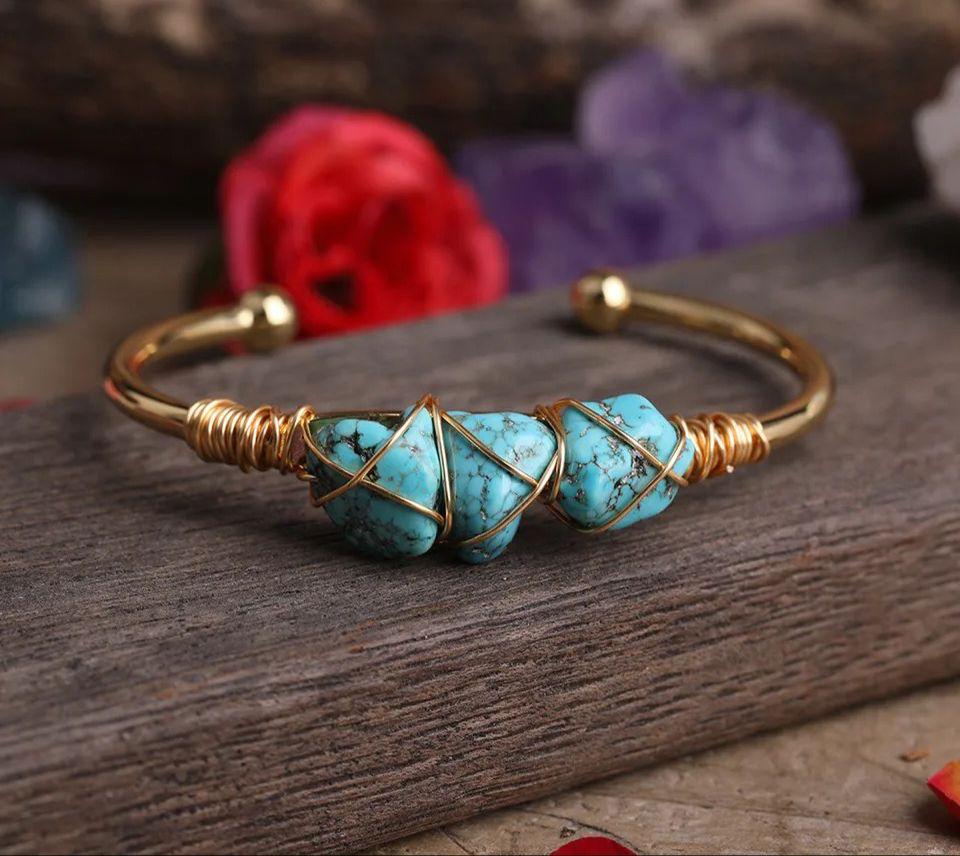 Natural Turquoise Stone Wire Wrapped Gold Plated Design Bracelet