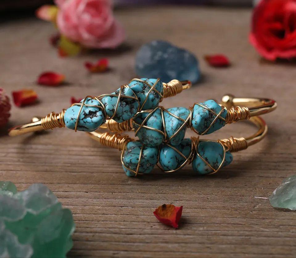 Natural Turquoise Stone Wire Wrapped Gold Plated Design Bracelet
