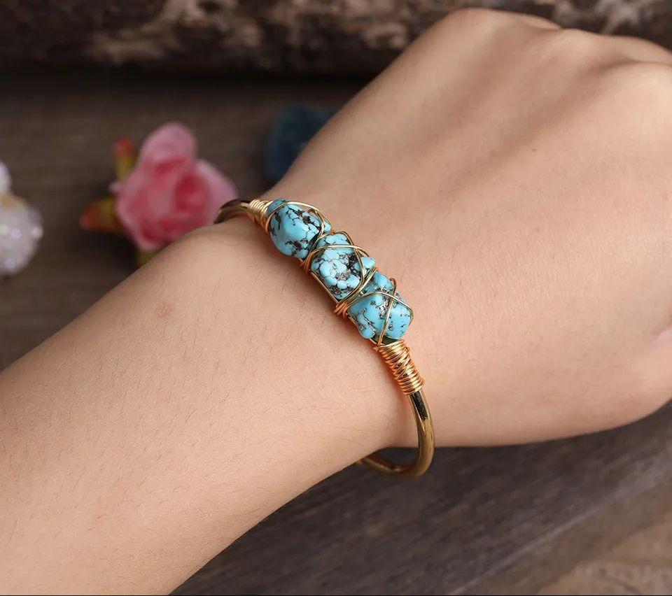 Natural Turquoise Stone Wire Wrapped Gold Plated Design Bracelet