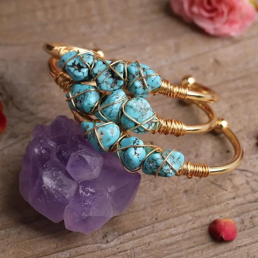 Natural Turquoise Stone Wire Wrapped Gold Plated Design Bracelet