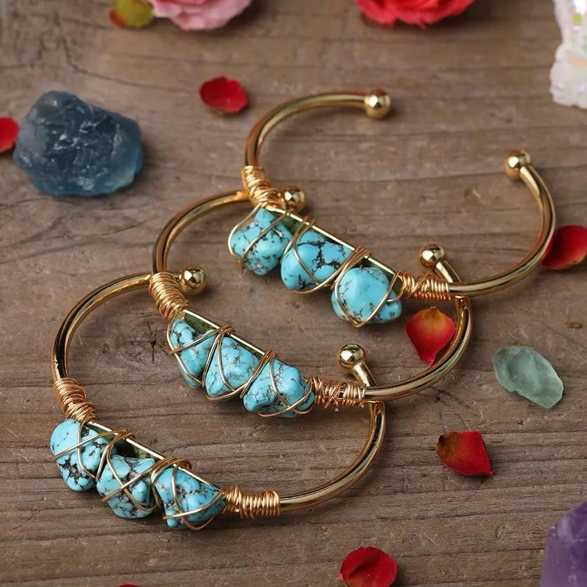 Natural Turquoise Stone Wire Wrapped Gold Plated Design Bracelet