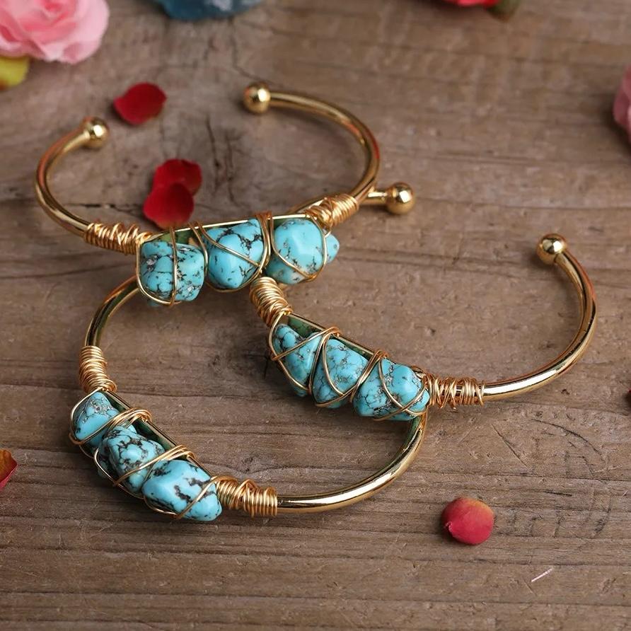 Natural Turquoise Stone Wire Wrapped Gold Plated Design Bracelet