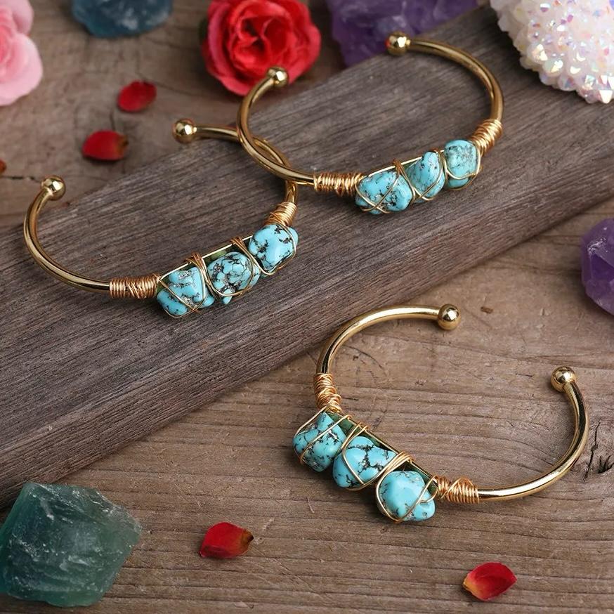 Natural Turquoise Stone Wire Wrapped Gold Plated Design Bracelet