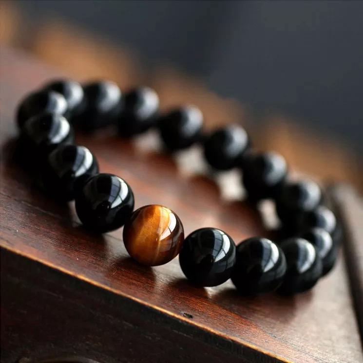 Natural Black Onyx With Tiger Eyes Stone Bracelet