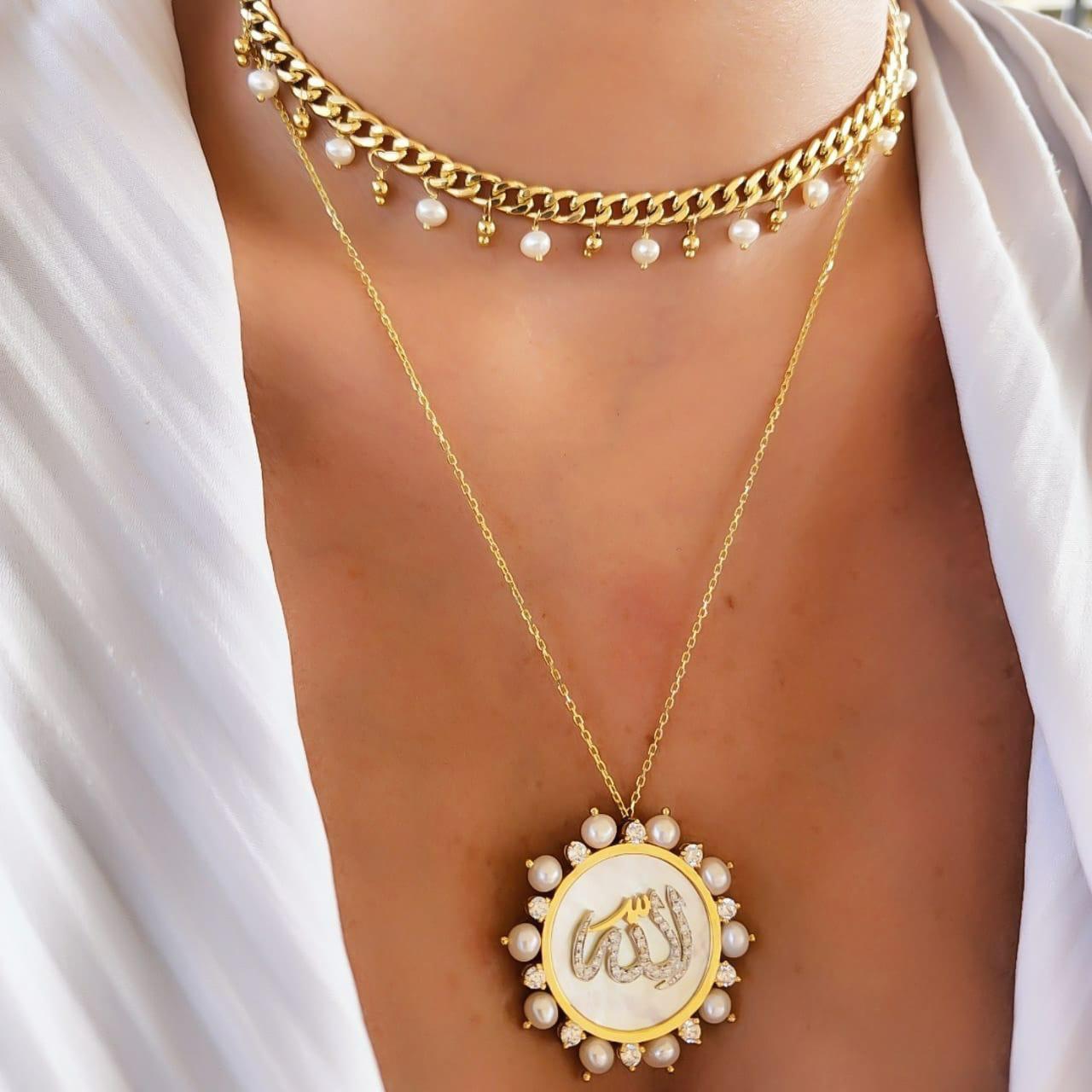 Gold (الله) Design with Natural Pearl Necklace