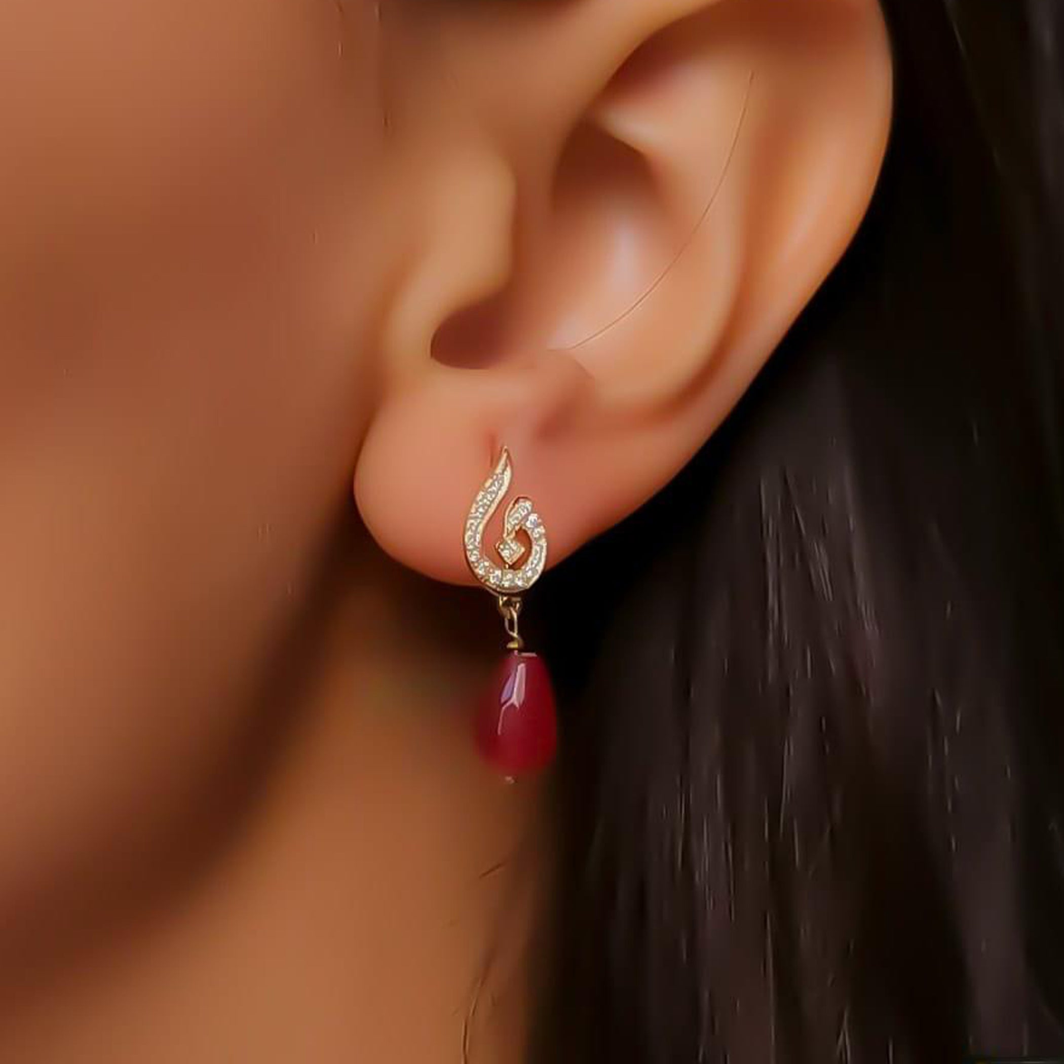 Gold Letter Design with Natural Ruby Stone Earring