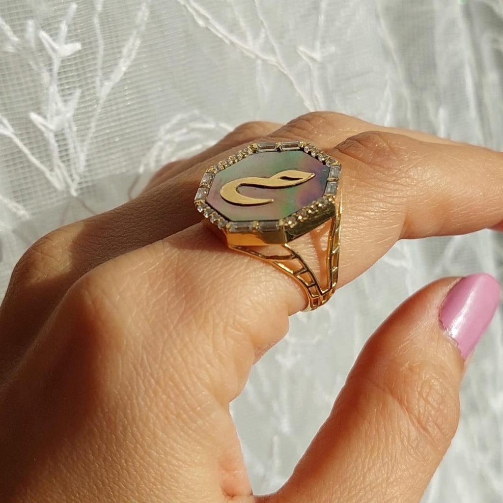 Gold Letter with Labradorite Stone Ring