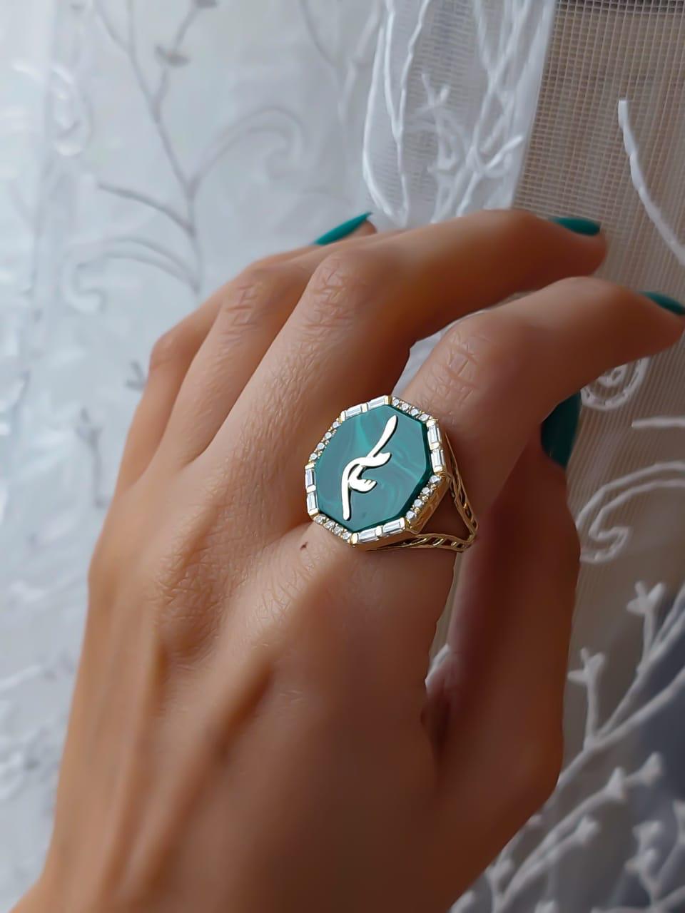 Gold Name Design with Malachite Stone Ring