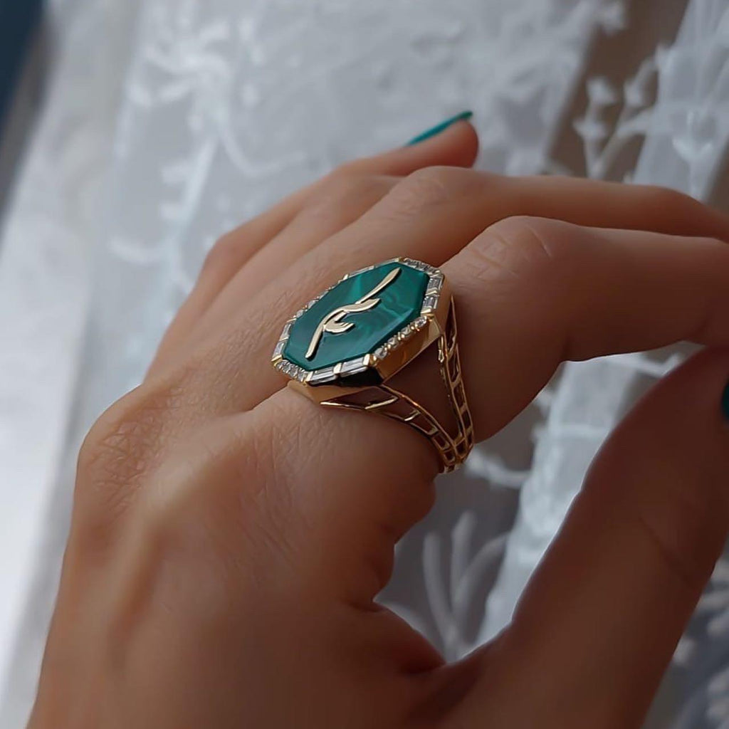 Gold Name Design with Malachite Stone Ring