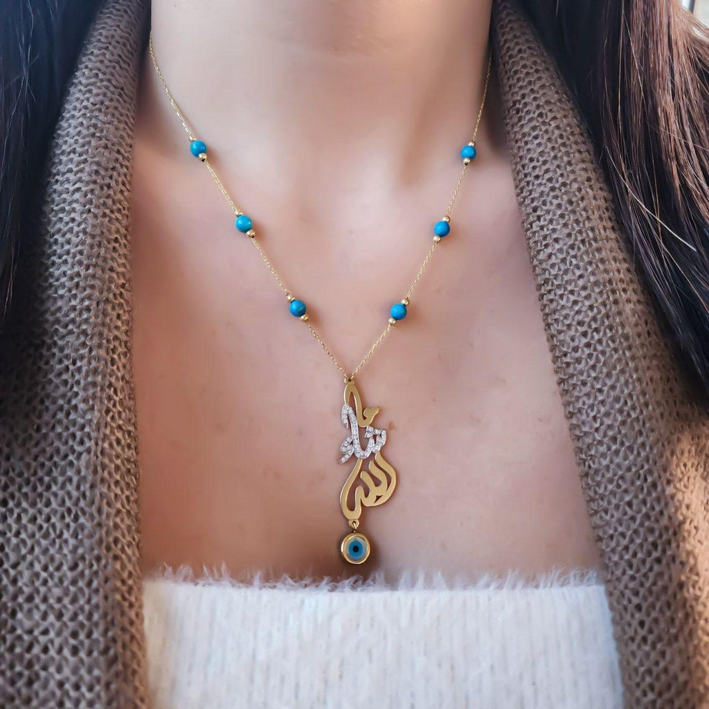 Gold (ماشاء الله) Design with Othman Eye and Natural Stone Necklace