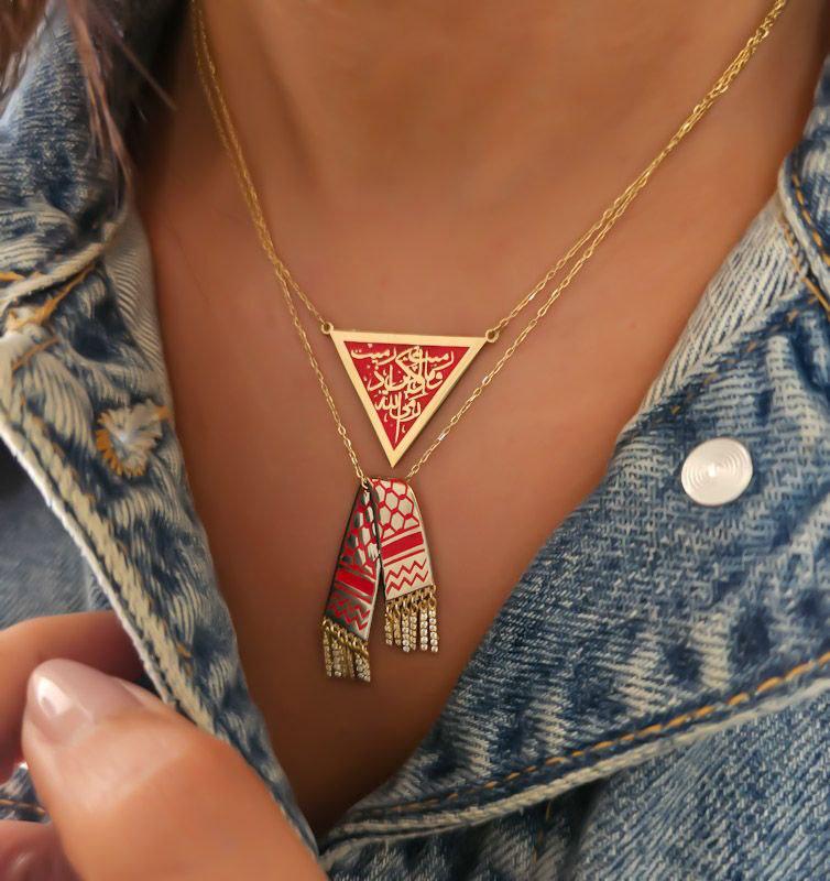 Gold Triangle Design with Red Italian Enamel Necklace