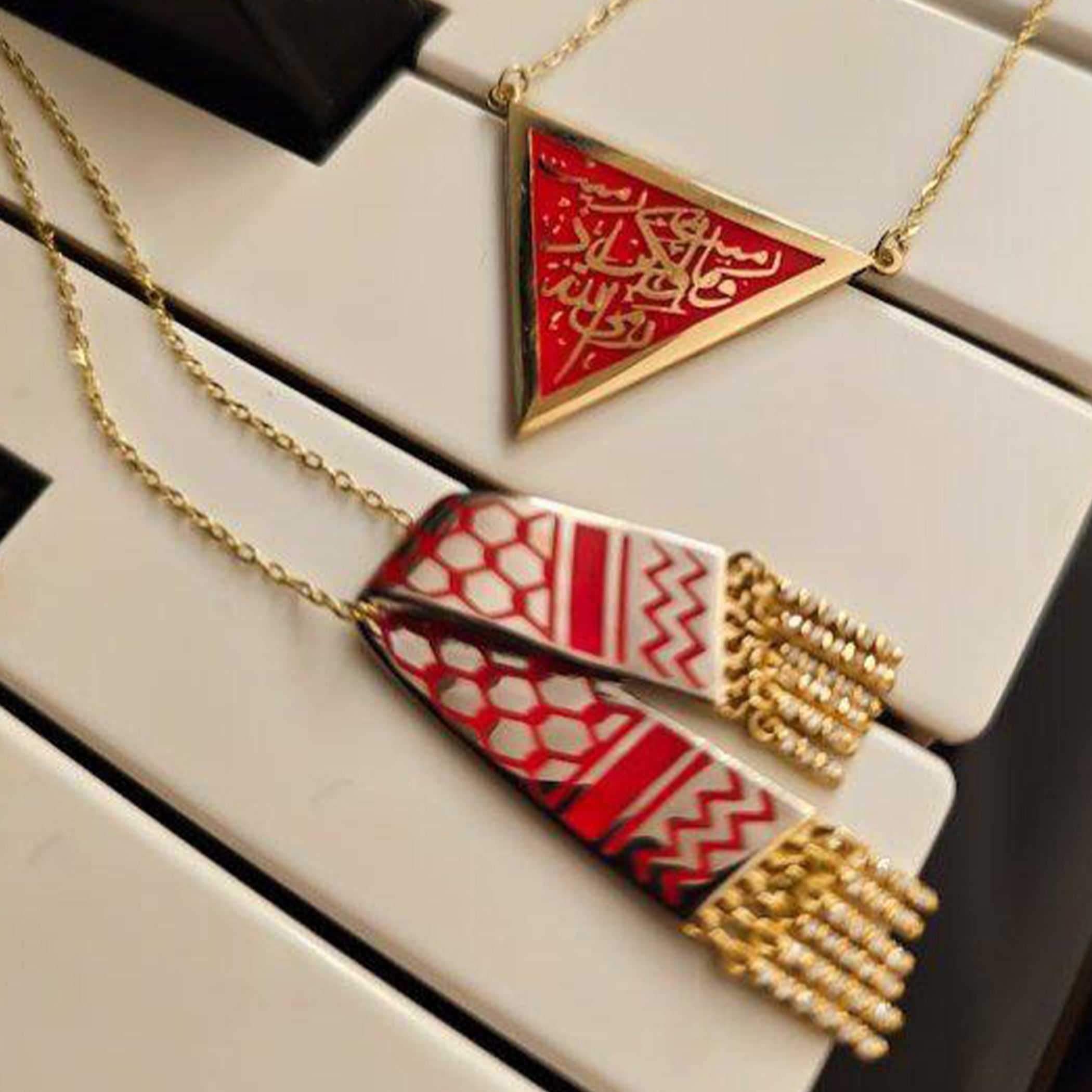 Gold Triangle Design with Red Italian Enamel Necklace