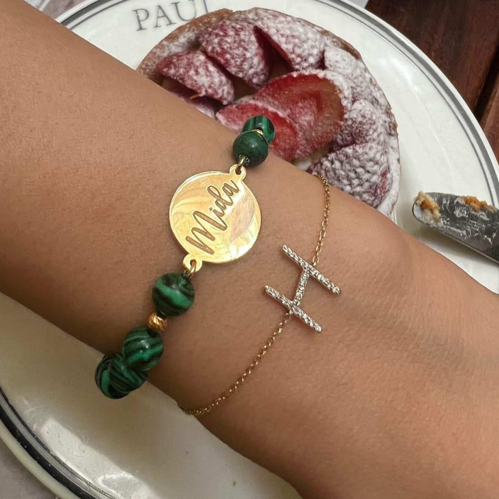 Gold Lira Design with Natural Malachite Stone Bracelet