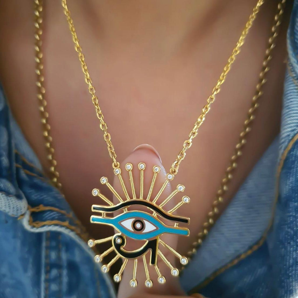 Gold The Eye of Horus Design with Italian Enamel Necklace
