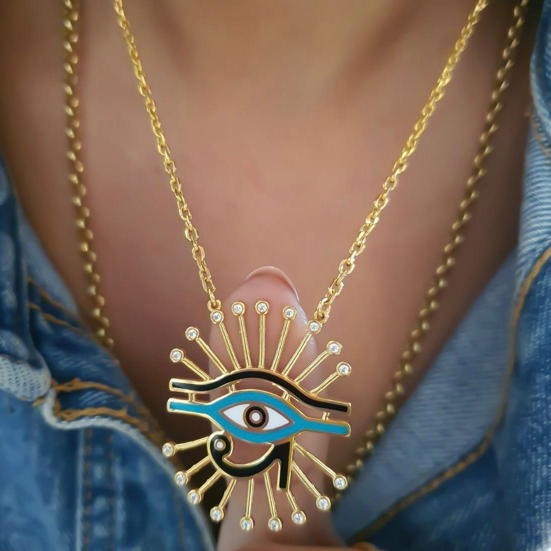 Gold The Eye of Horus Design with Italian Enamel Necklace