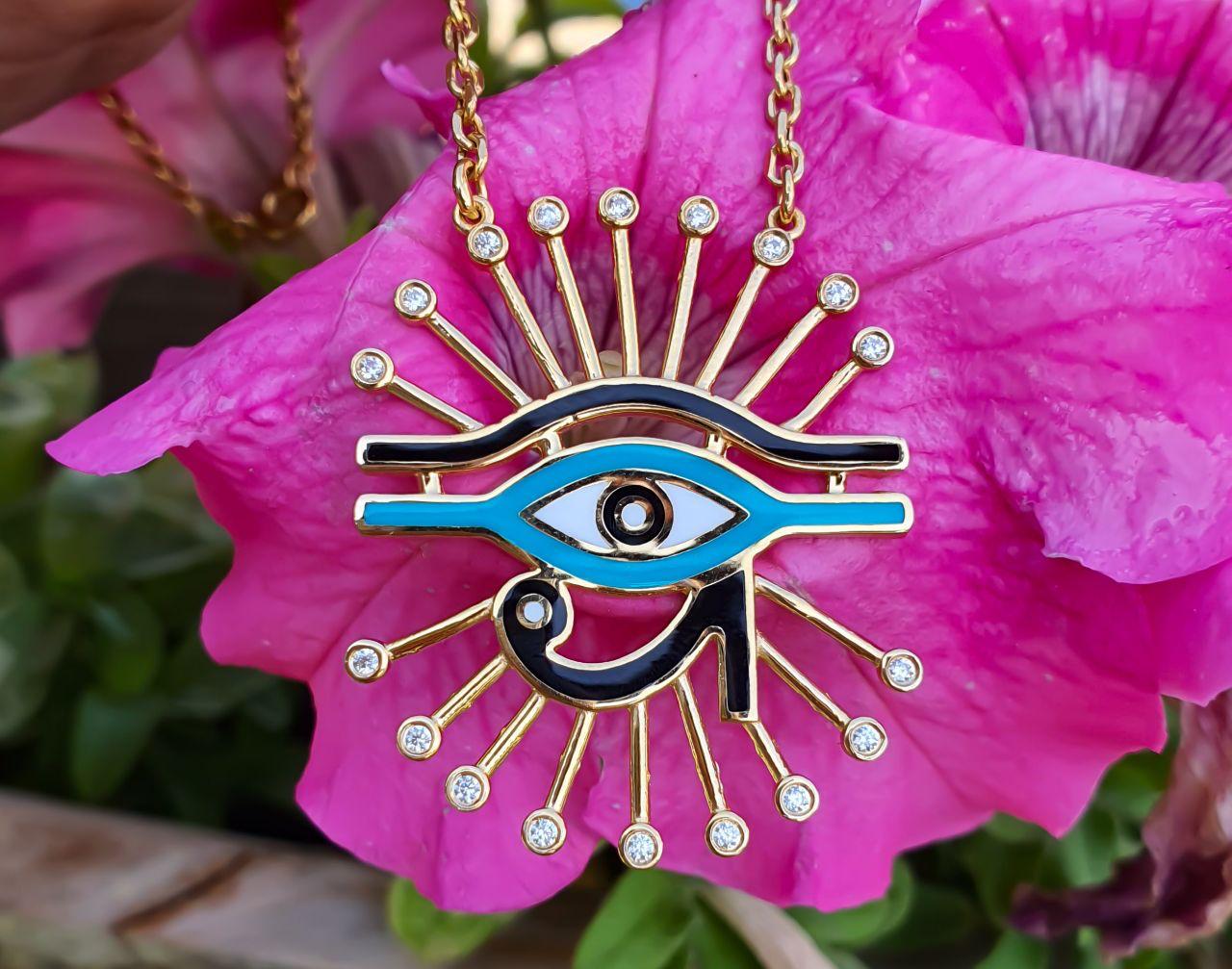 Gold The Eye of Horus Design with Italian Enamel Necklace