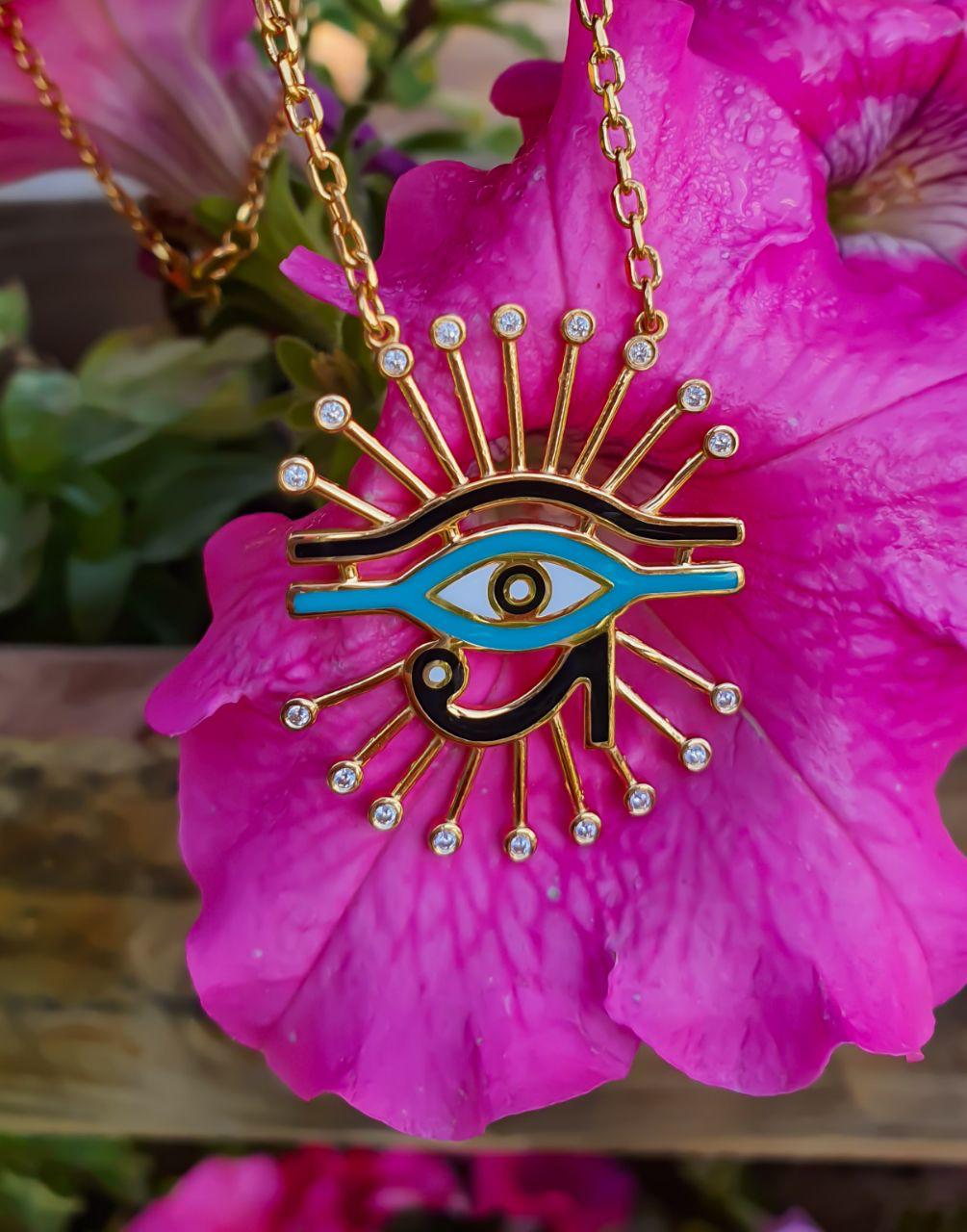 Gold The Eye of Horus Design with Italian Enamel Necklace