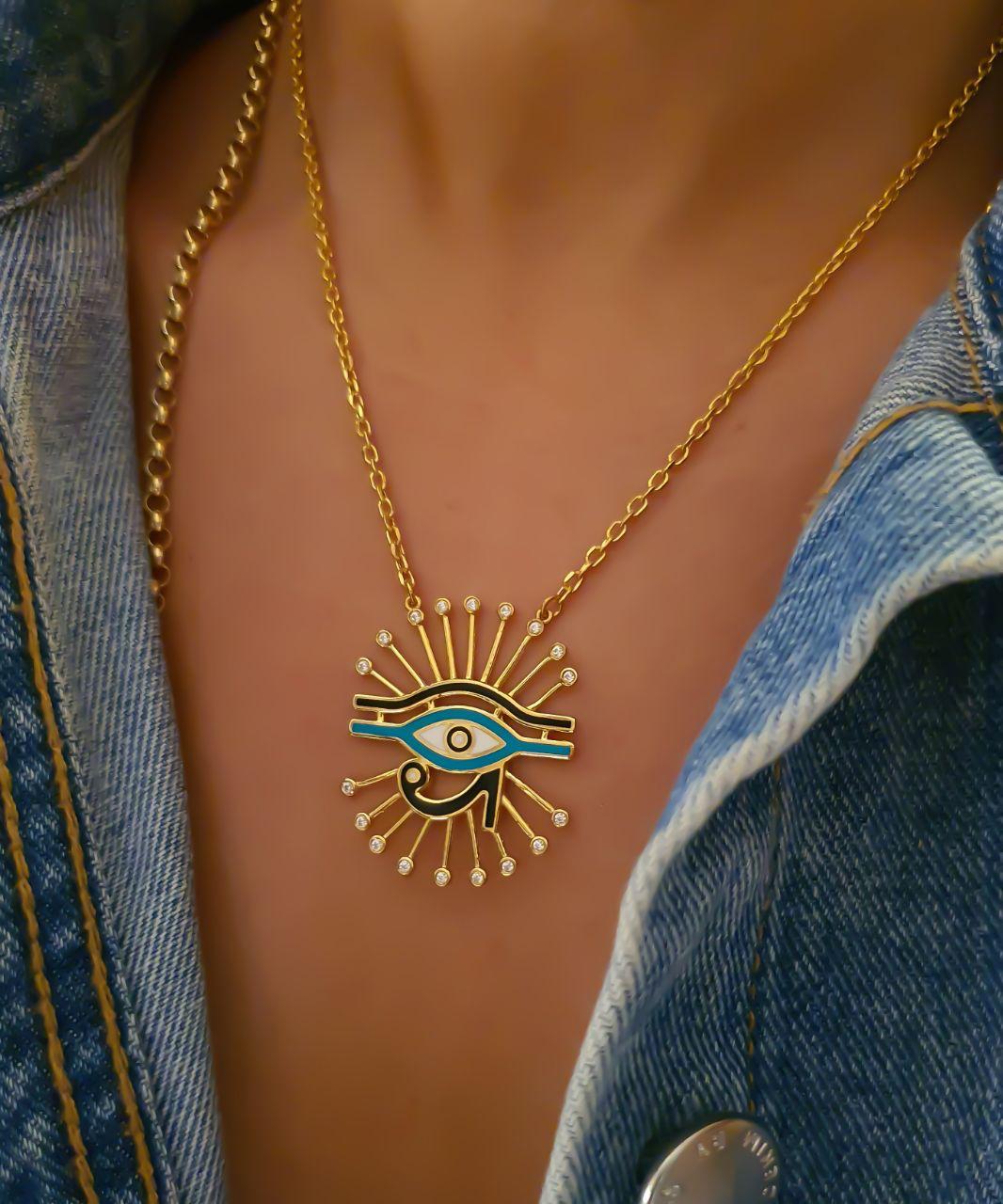 Gold The Eye of Horus Design with Italian Enamel Necklace