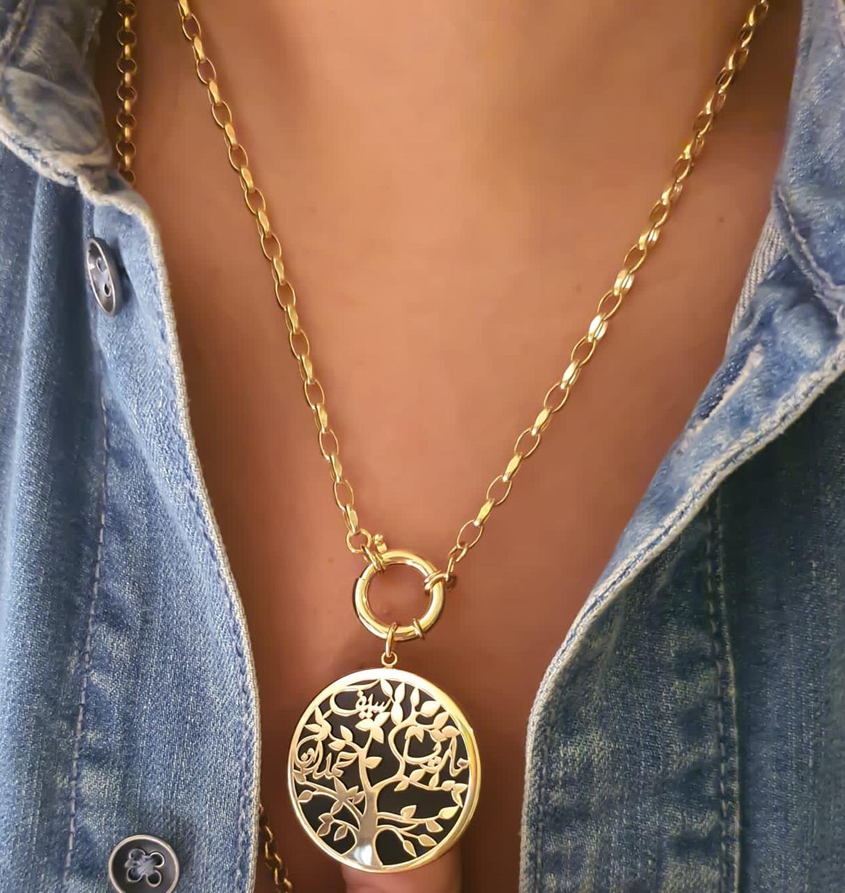 Gold Tree Family Design with Black Onyx Necklace