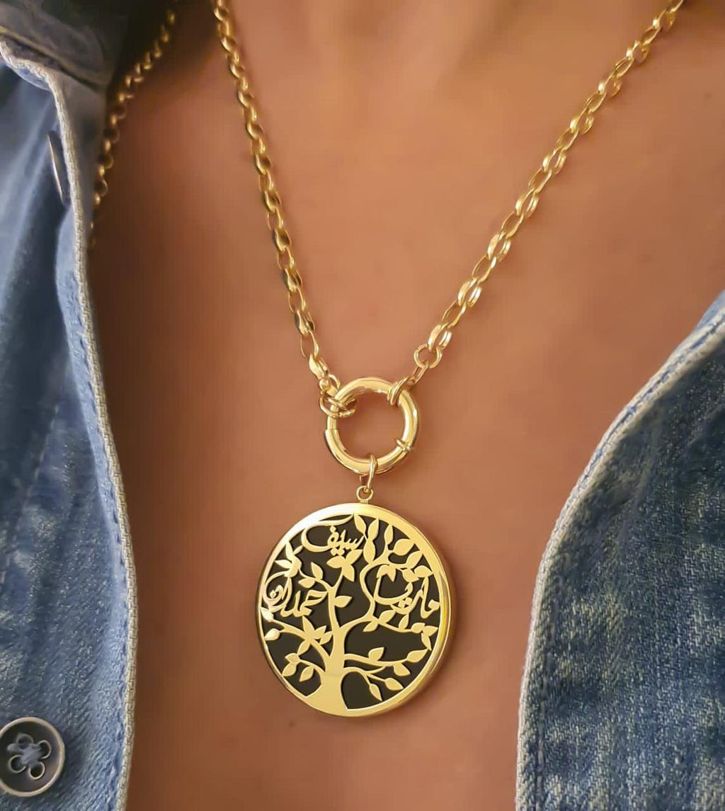 Gold Tree Family Design with Black Onyx Necklace
