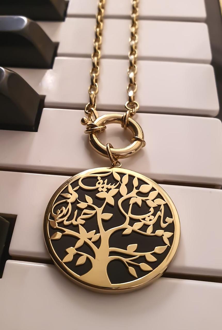 Gold Tree Family Design with Black Onyx Necklace