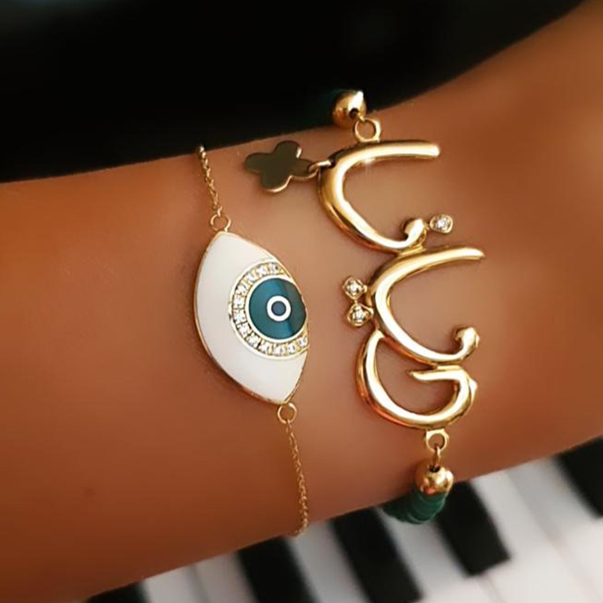 Gold Name Design with Malachite Stone Bracelet