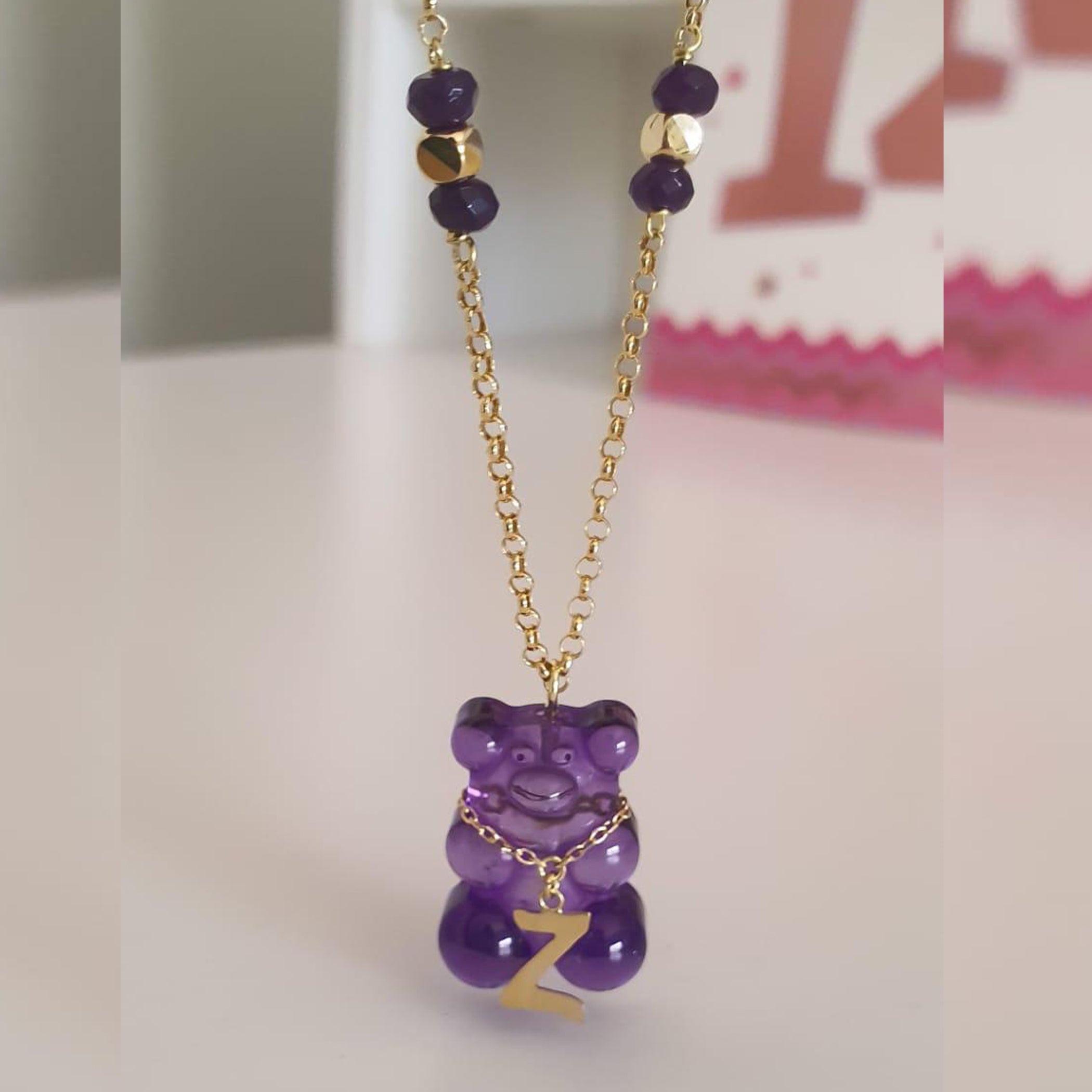 Gold Letter Gummy Bear Necklace With Natural Stone