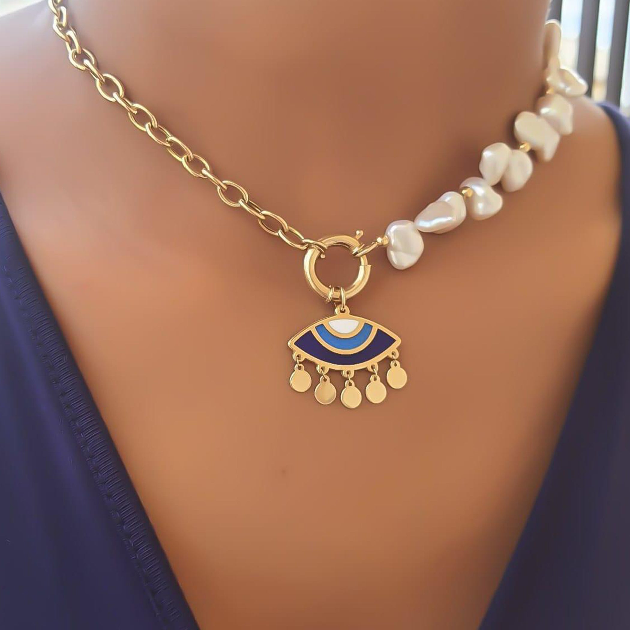 Gold Blue Eye Design With Italian Enamel and Natural Pearl Necklace