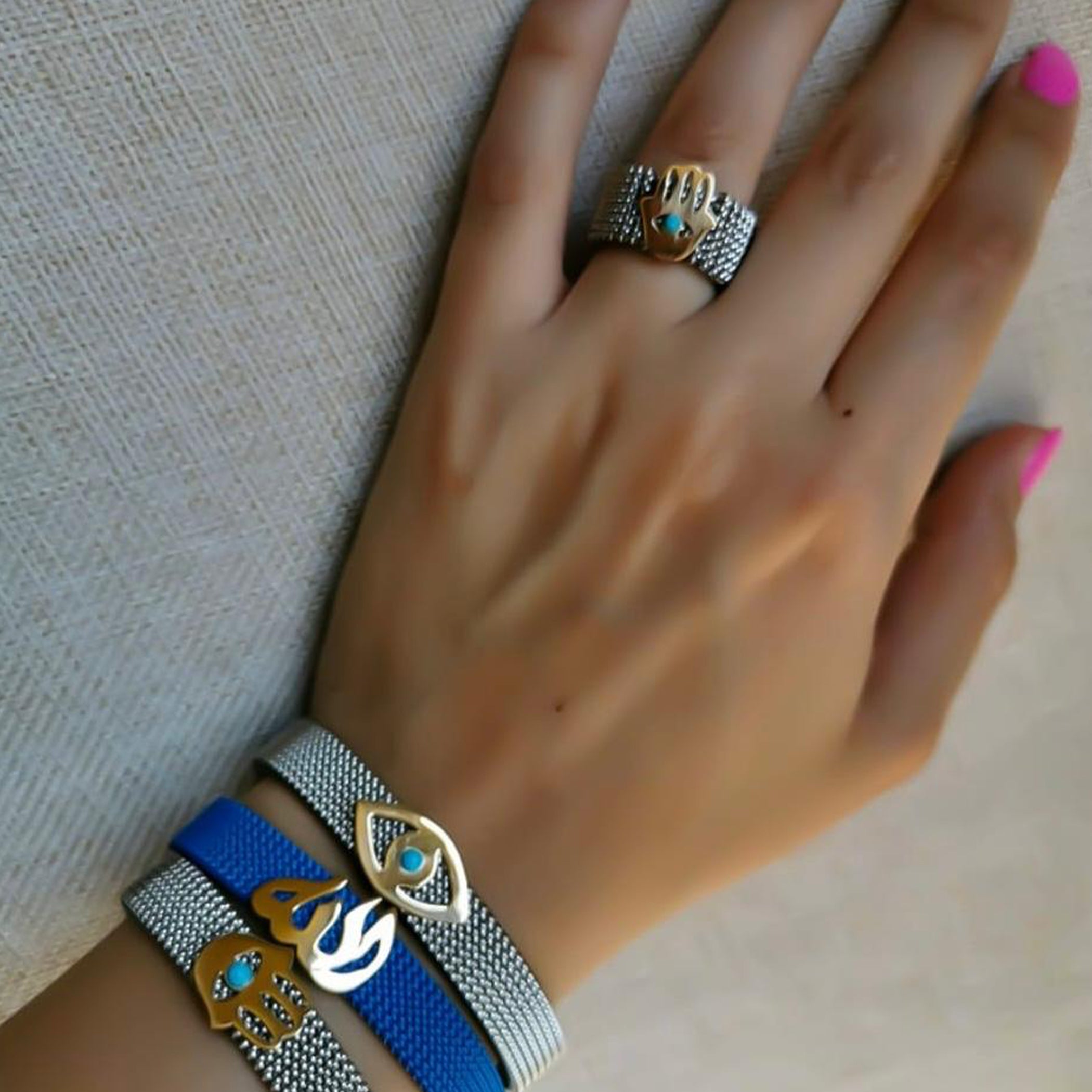 Gold Kaf Fatima Design With Italian Steel Ring