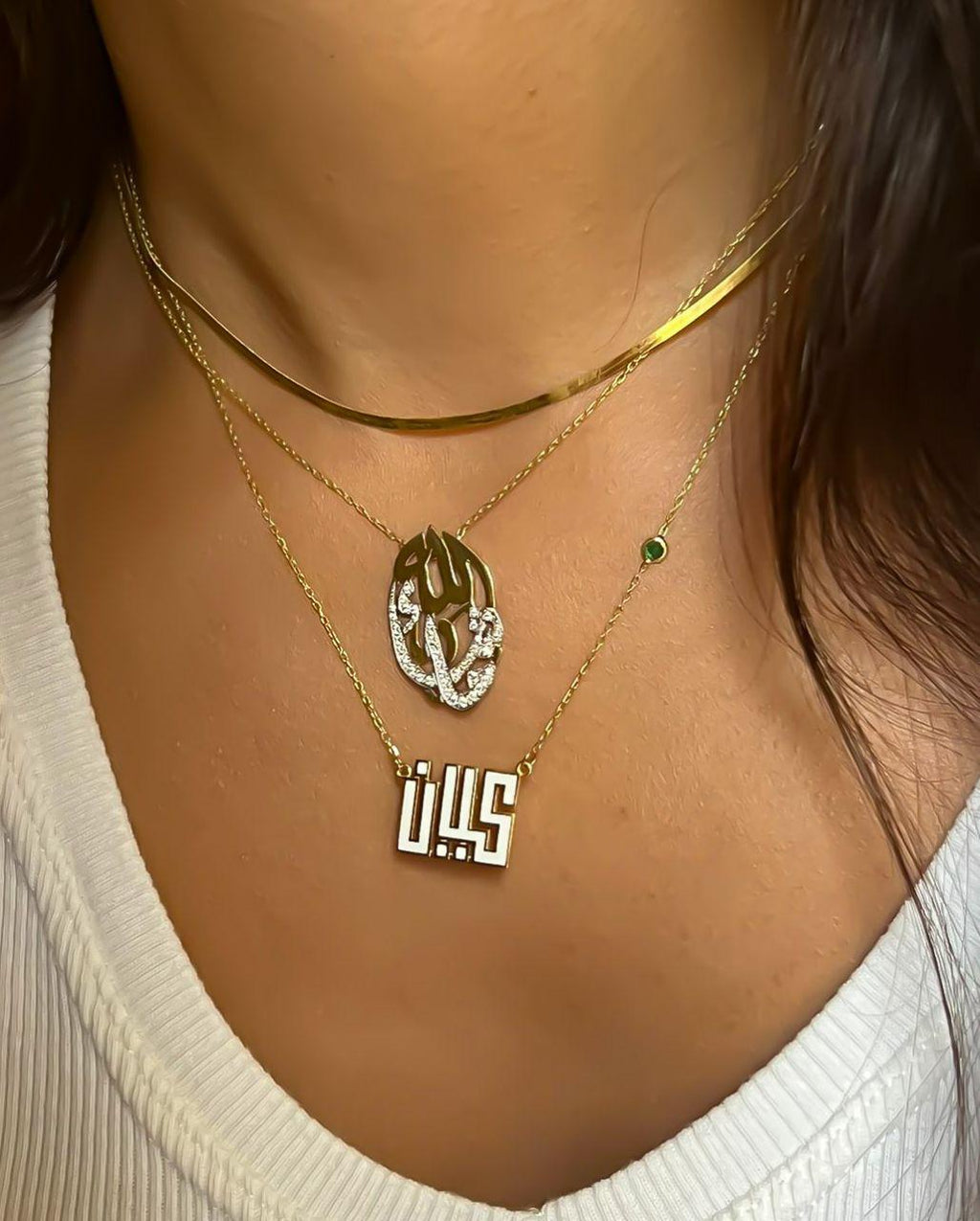 Gold Name Geometric Kufic Calligraphy Design With Italian Enamel Necklace