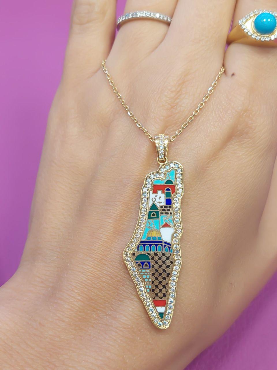 Gold Palestine Map Design With Italian Enamel Necklace