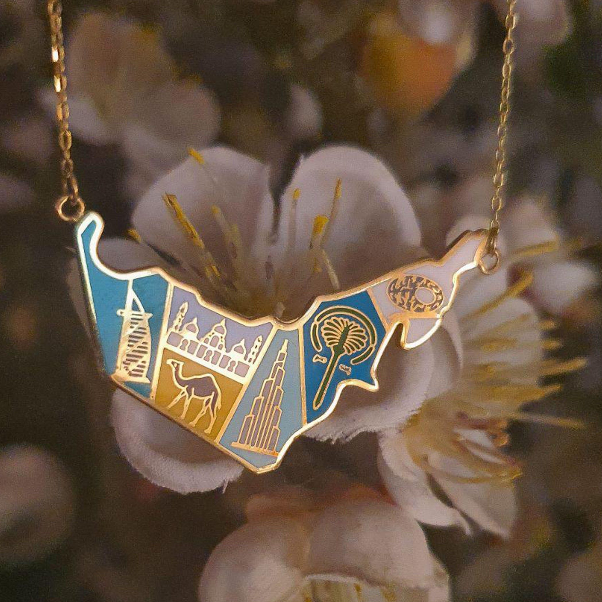 Gold United Arab Emirate  Map With Italian Enamel Necklace
