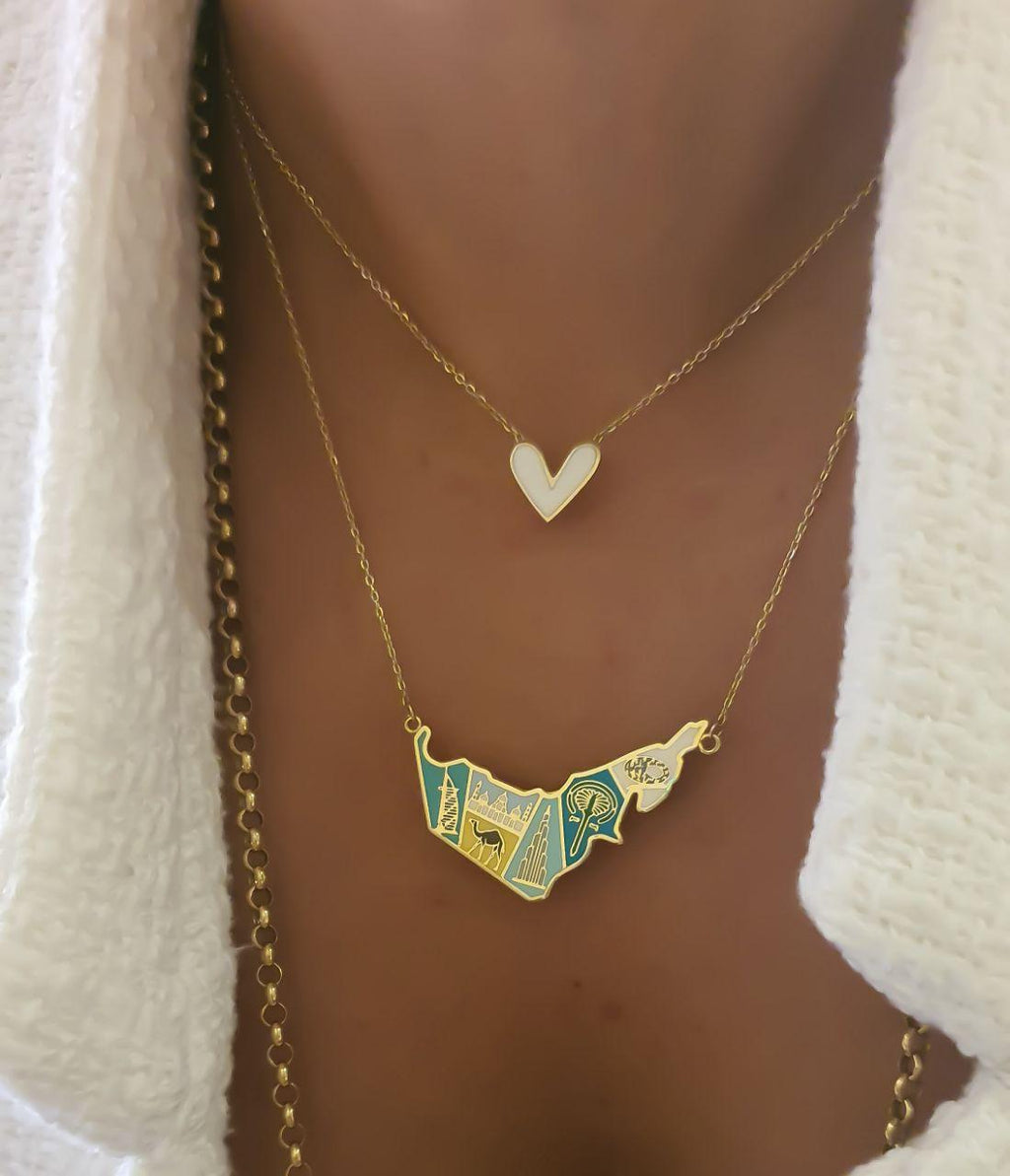 Gold United Arab Emirate  Map With Italian Enamel Necklace