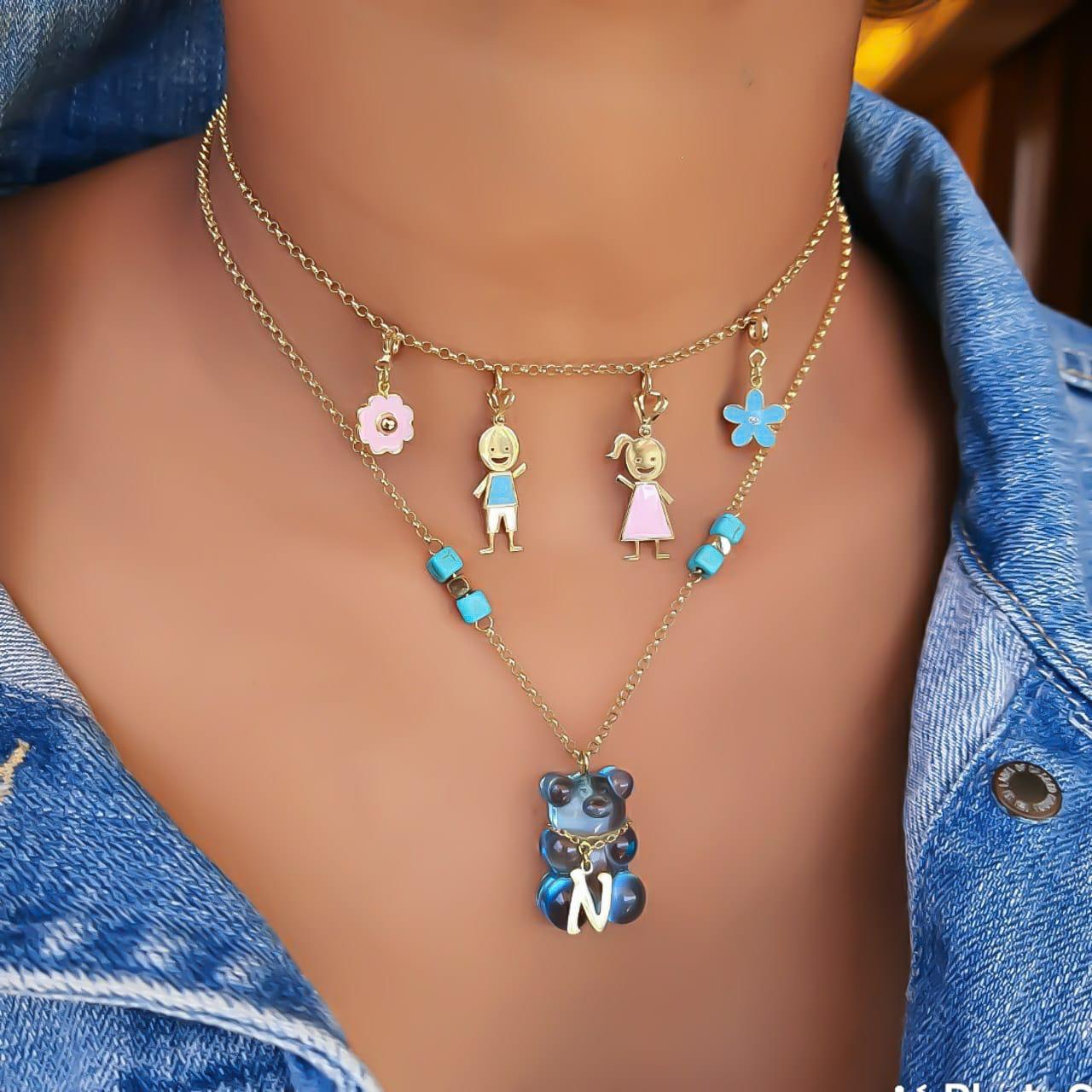 Gold Letter Gummy Bear Necklace With Natural Stone
