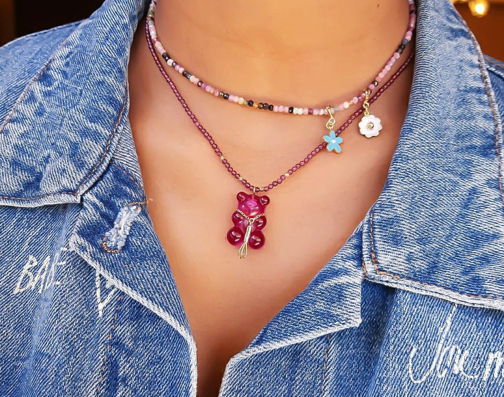 Gold Letter Gummy Bear Necklace With Natural Stone