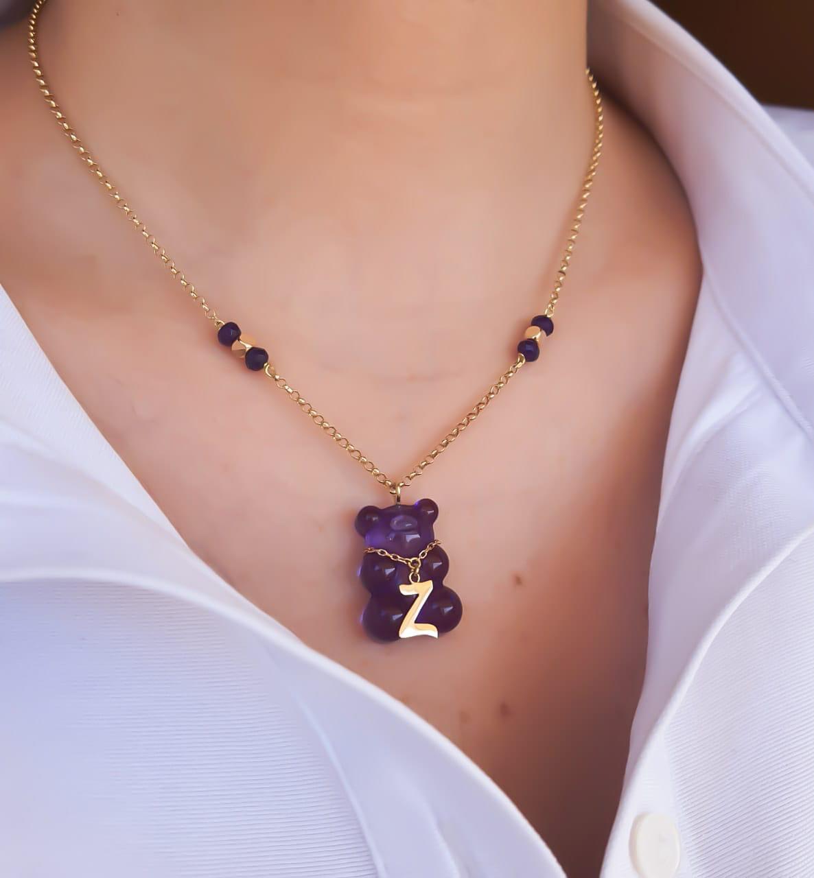 Gold Letter Gummy Bear Necklace With Natural Stone