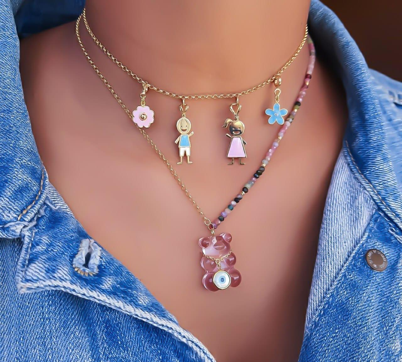 Gold Letter Gummy Bear Necklace With Natural Stone