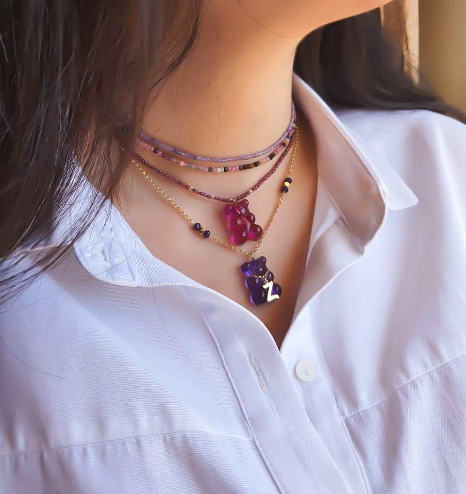 Gold Letter Gummy Bear Necklace With Natural Stone