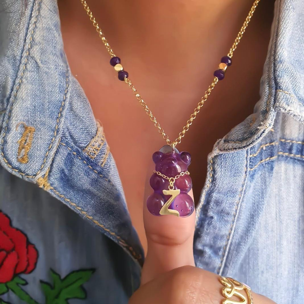 Gold Letter Gummy Bear Necklace With Natural Stone